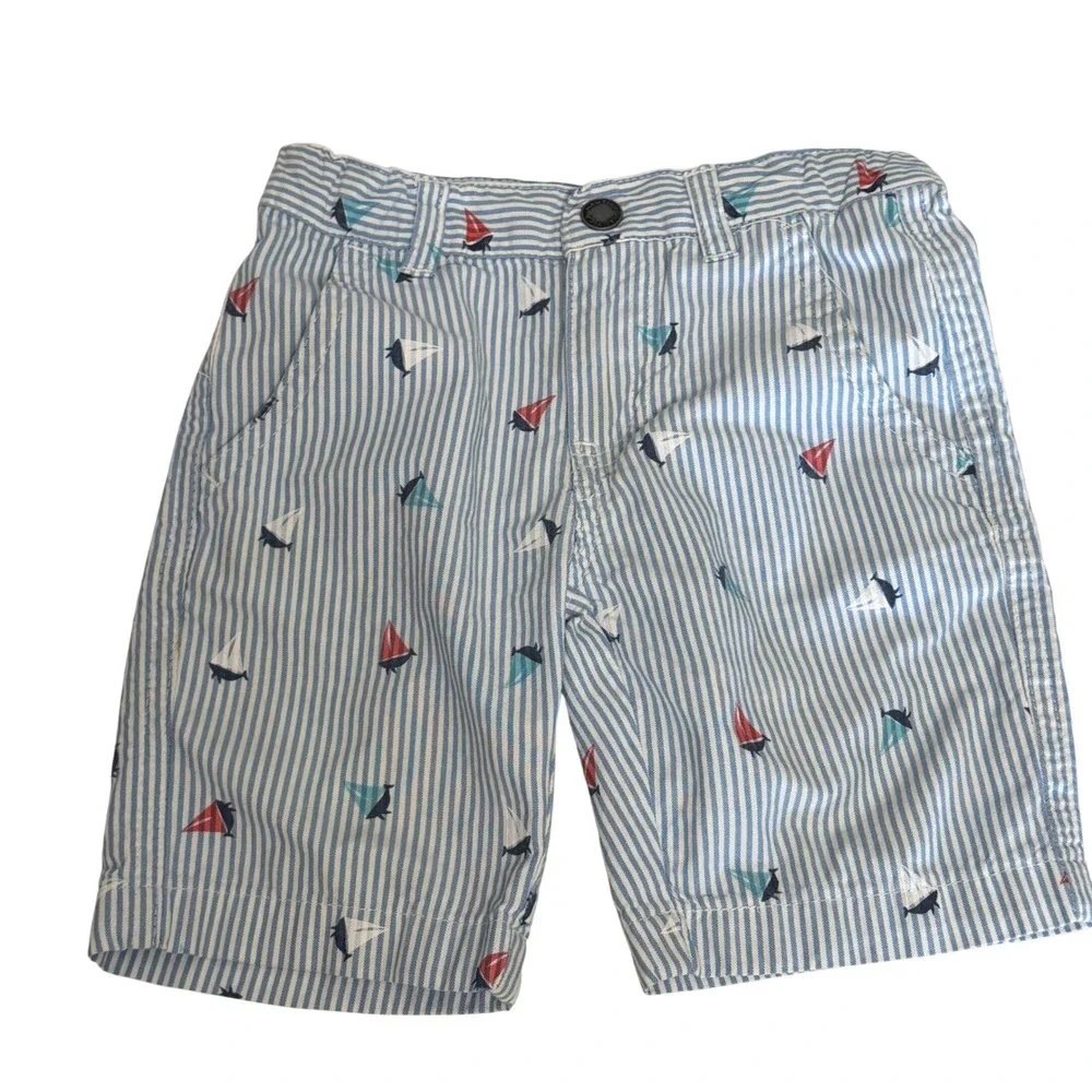Nautica Boys 3T Blue White Striped Sailboat Print Chino Shorts Adjustable Waist